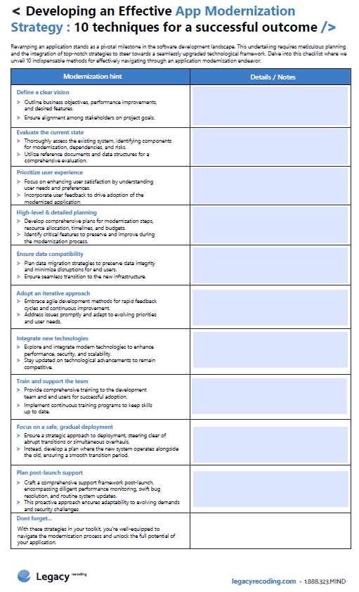 Transformez votre application avec notre liste de contrôle de modernisation en 10 points Simplifiez la modernisation de votre application - Obtenez notre outil de contrôle gratuit